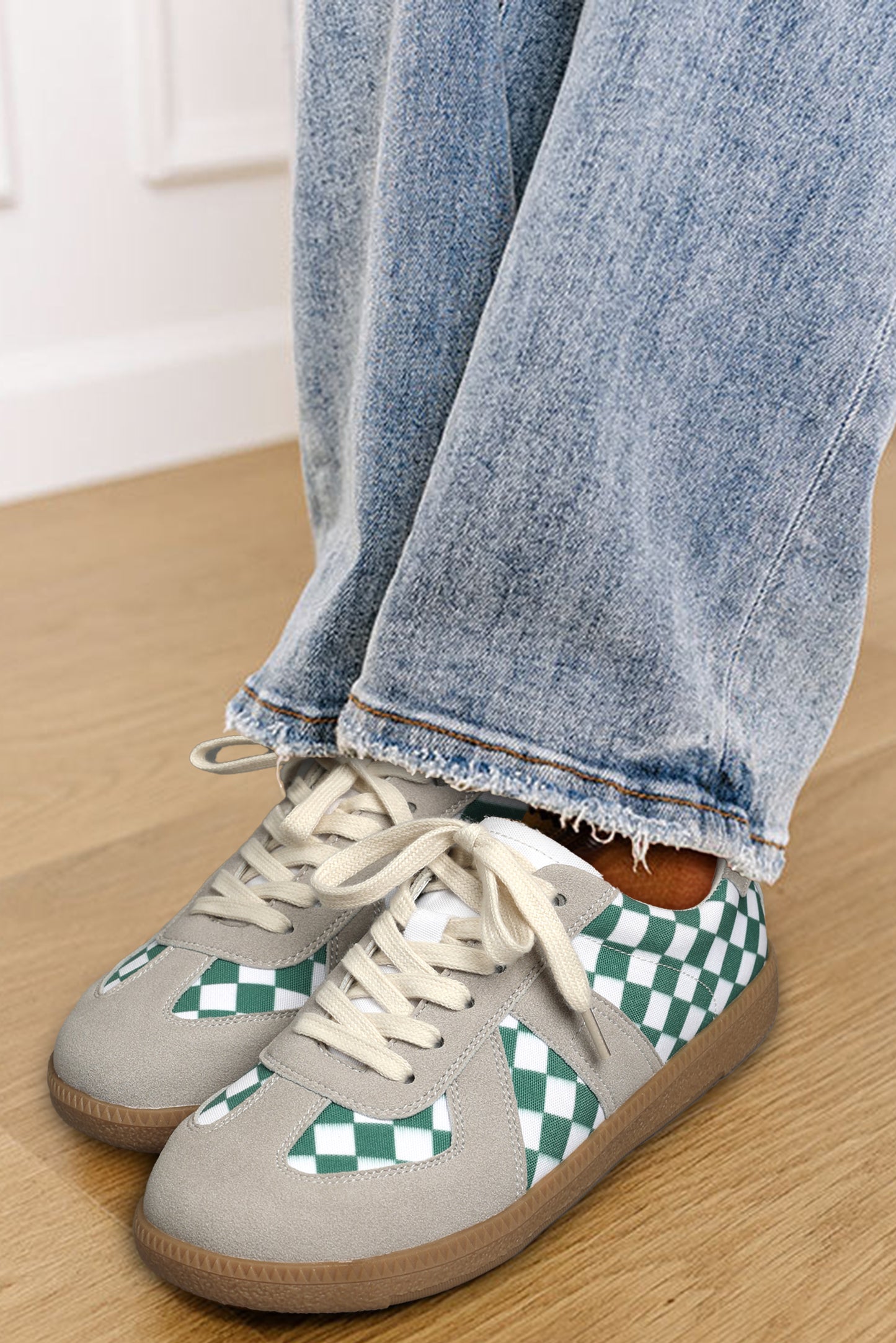 Sea Green Checkered PU Leather Lace-up Flat Shoes