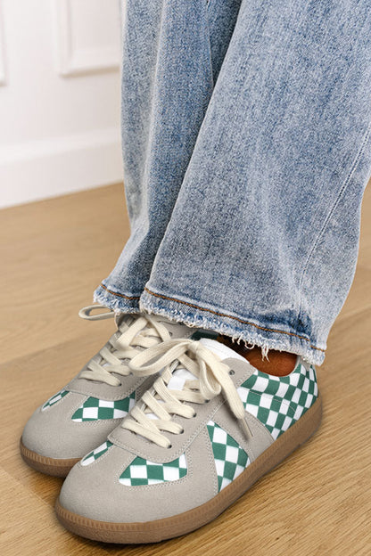 Sea Green Checkered PU Leather Lace-up Flat Shoes