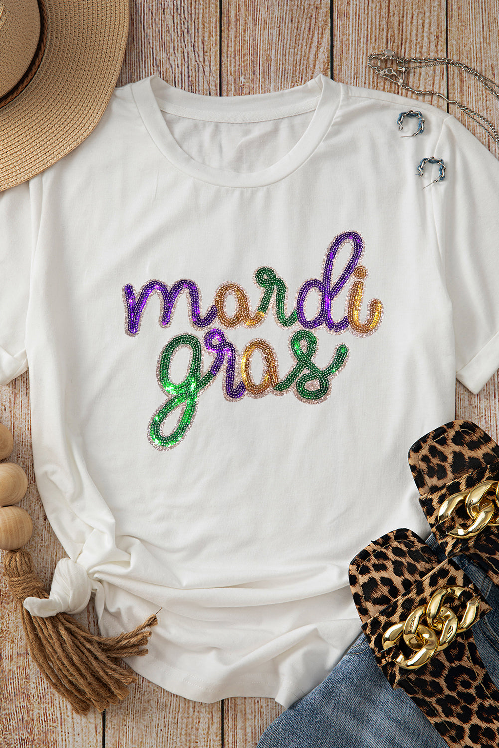 White Sequin mardi gras Graphic Plus Size T Shirt