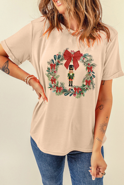 Khaki Nutcracker Bow Christmas Wreath Crewneck Printed T Shirt