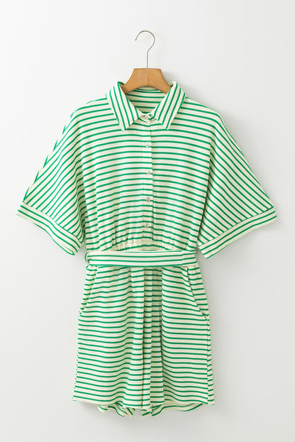 Green Stripe Textured Short Sleeve Collared Buttoned Waist Tie Romper