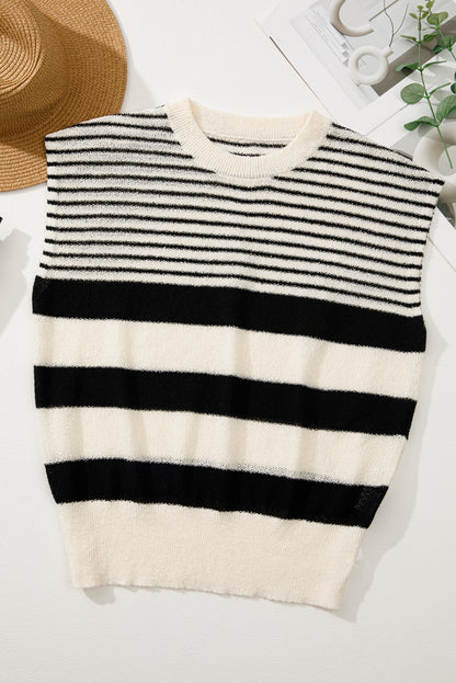 Black white Striped O Neck Sweater Vest