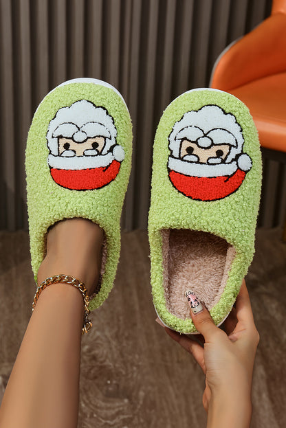 Blackish Green Christmas Santa Claus Print Plush House Slippers