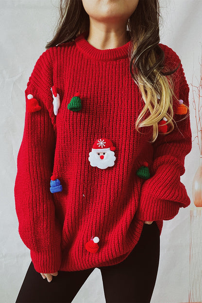 Racing Red Christmas Pattern Patched Rib Knit Knitted Sweater