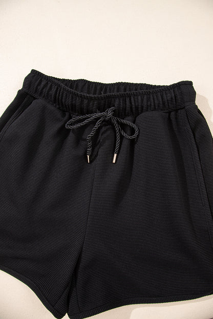 Black Textured Quarter Zip Kangaroo Pocket Top Drawstring Shorts Set