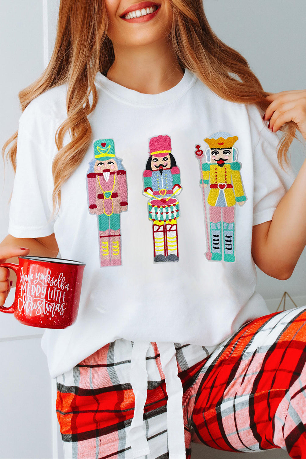 White Chenille Nutcracker Doll Graphic Christmas Fashion Tee