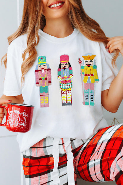 White Chenille Nutcracker Doll Graphic Christmas Fashion Tee