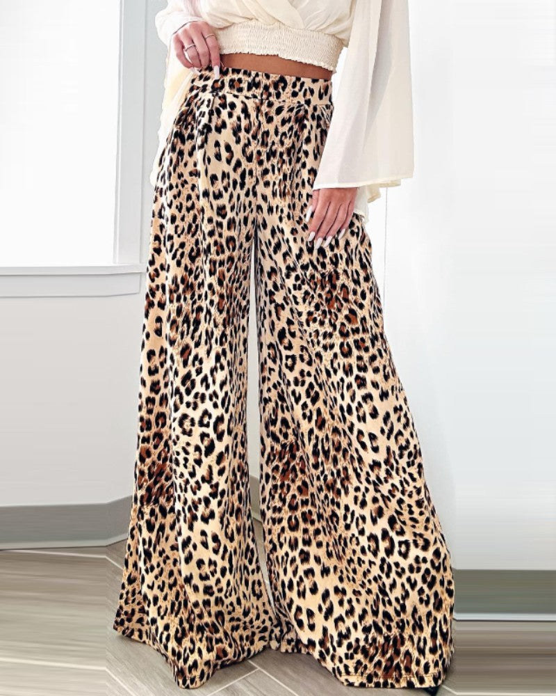 Leopard Print Strechy Waist Wide Leg Pants Casual Loose Fit  Flared Pants