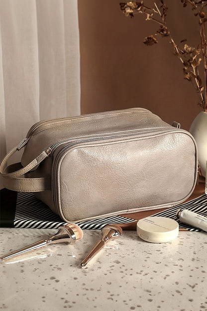 Smoke Gray PU Leather Multi Compartment Large Cosmetic Bag