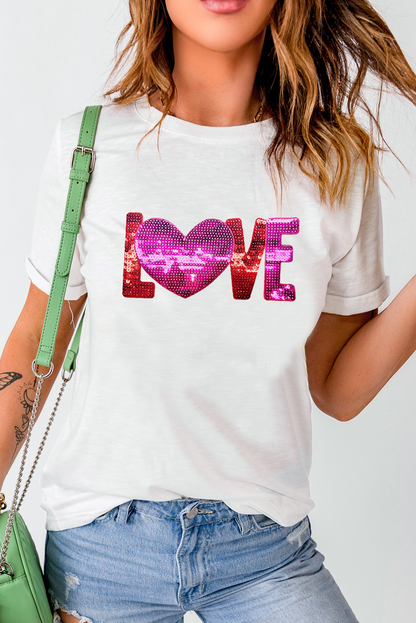 White Heart LOVE Patched Pattern Crewneck Valentines T Shirt