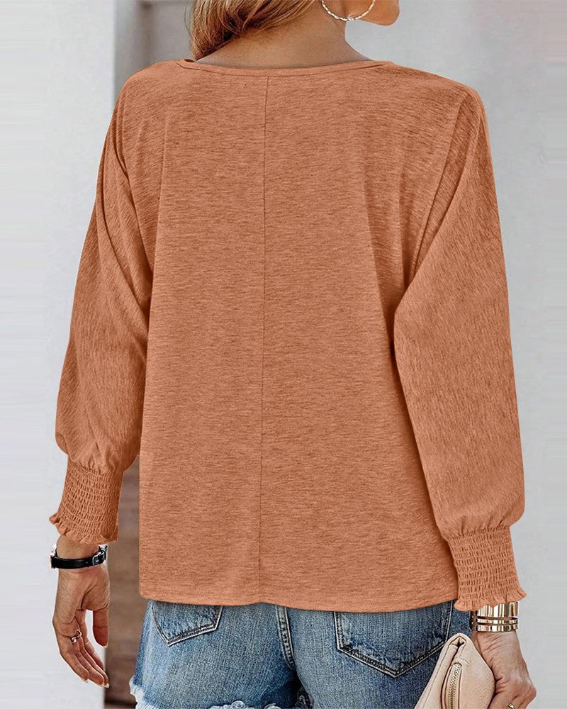 Round Neck Shirred Lantern Sleeve Long Sleeve Softy Basic T Shirt Casual Tee