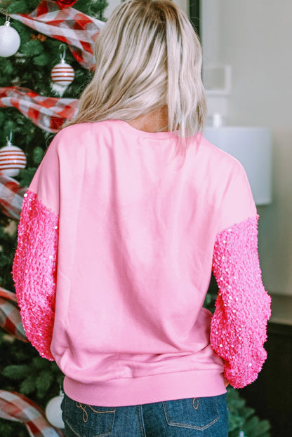 Pink Christmas Nutcracker Graphic Sequin Patchwork Long Sleeve Top