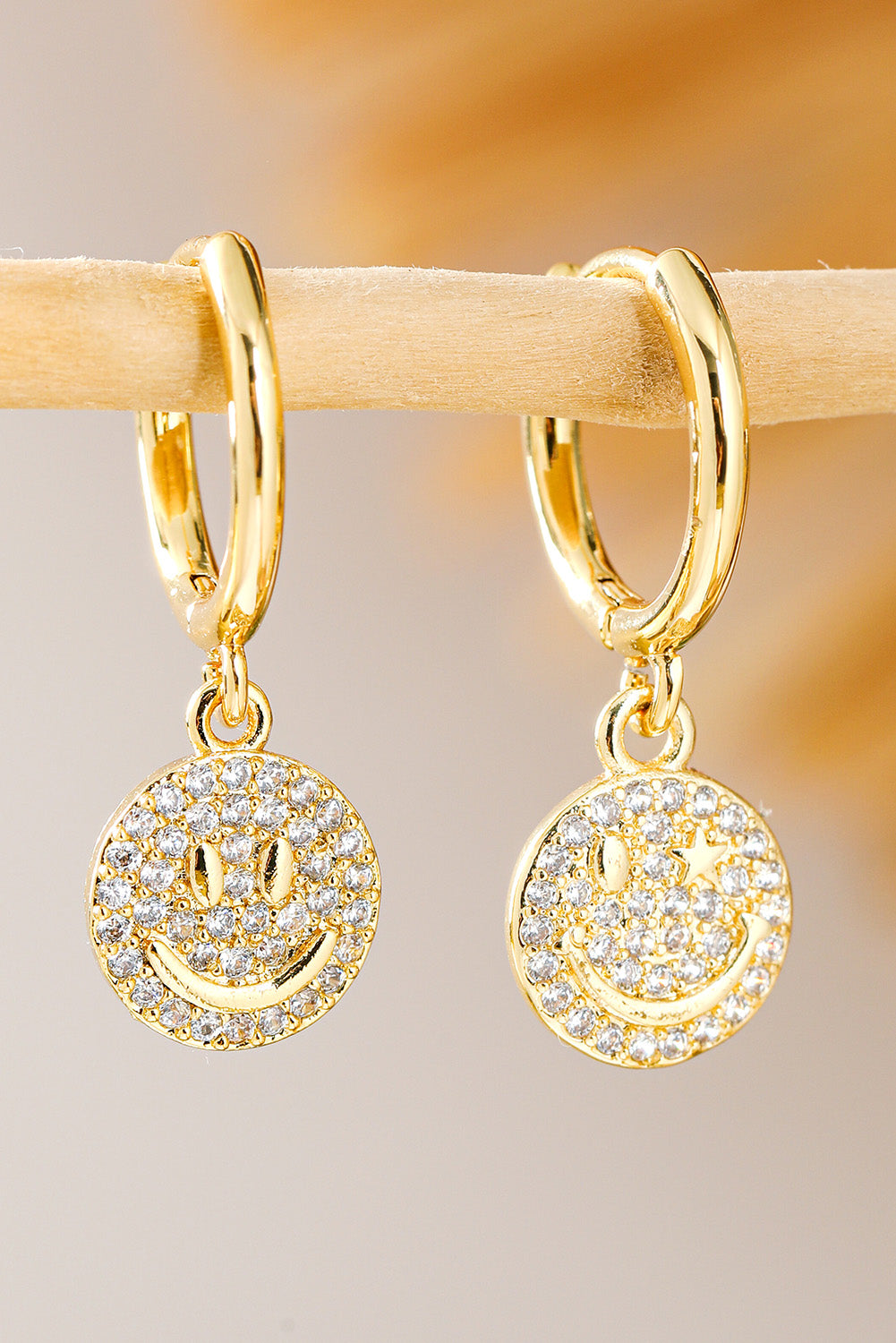 Gold Rhinestone Smiley Face Plated Hook Earrings