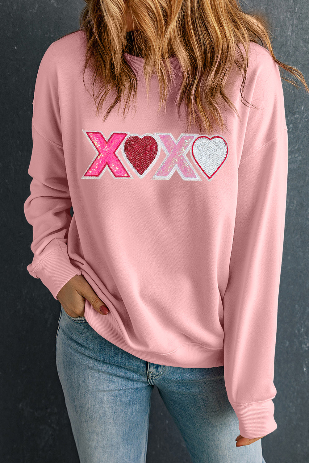 Pink Sequin Heart XOXO Graphic Drop Shoulder Valentines Sweatshirt