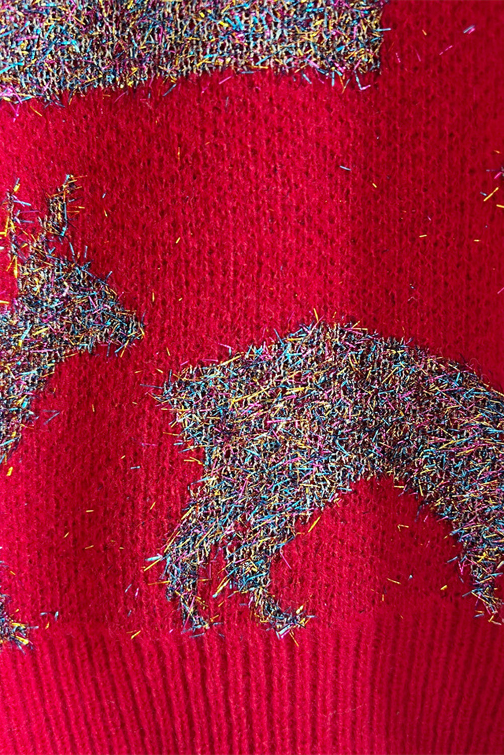 Racing Red Sequin Fuzzy Christmas Tree Tinsel Elk Drop Shoulder Sweater