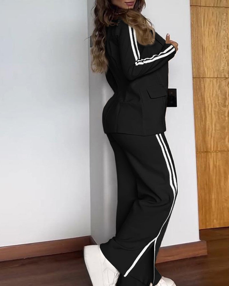 2 Piece Stripe Print Notched Collar Long Sleeve Coat Slit Straight Pants Work Pants Set