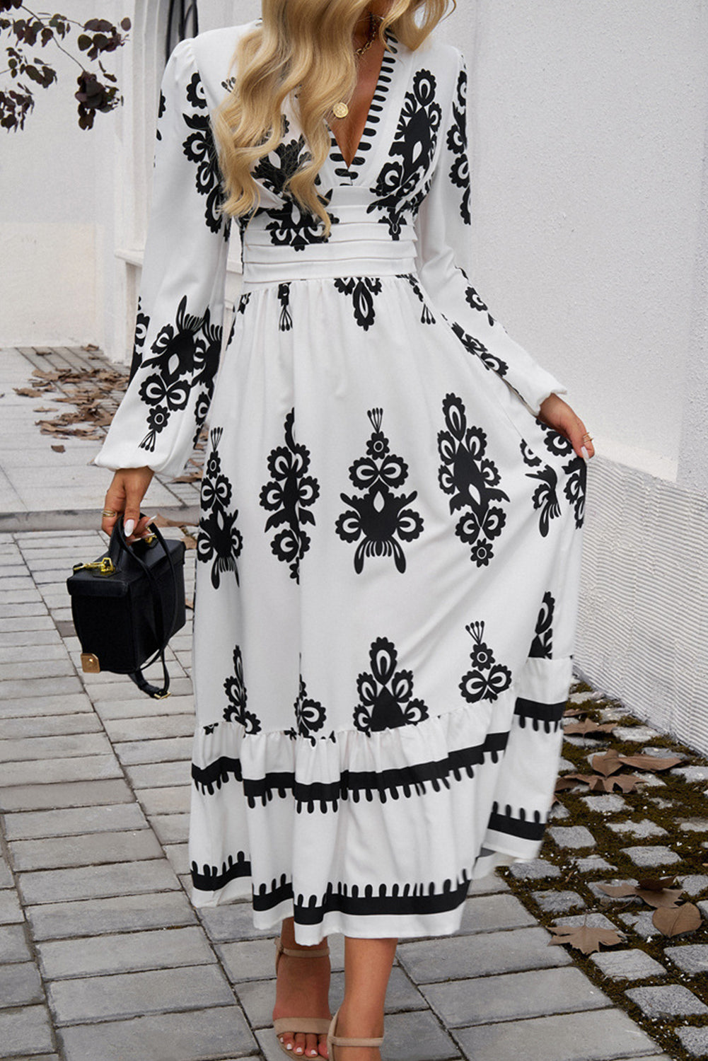 White Ethnic Geometric Print Long Sleeve V Neck Cinched Waist Maxi Dress