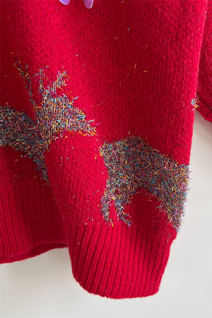 Racing Red Sequin Fuzzy Christmas Tree Tinsel Elk Drop Shoulder Sweater