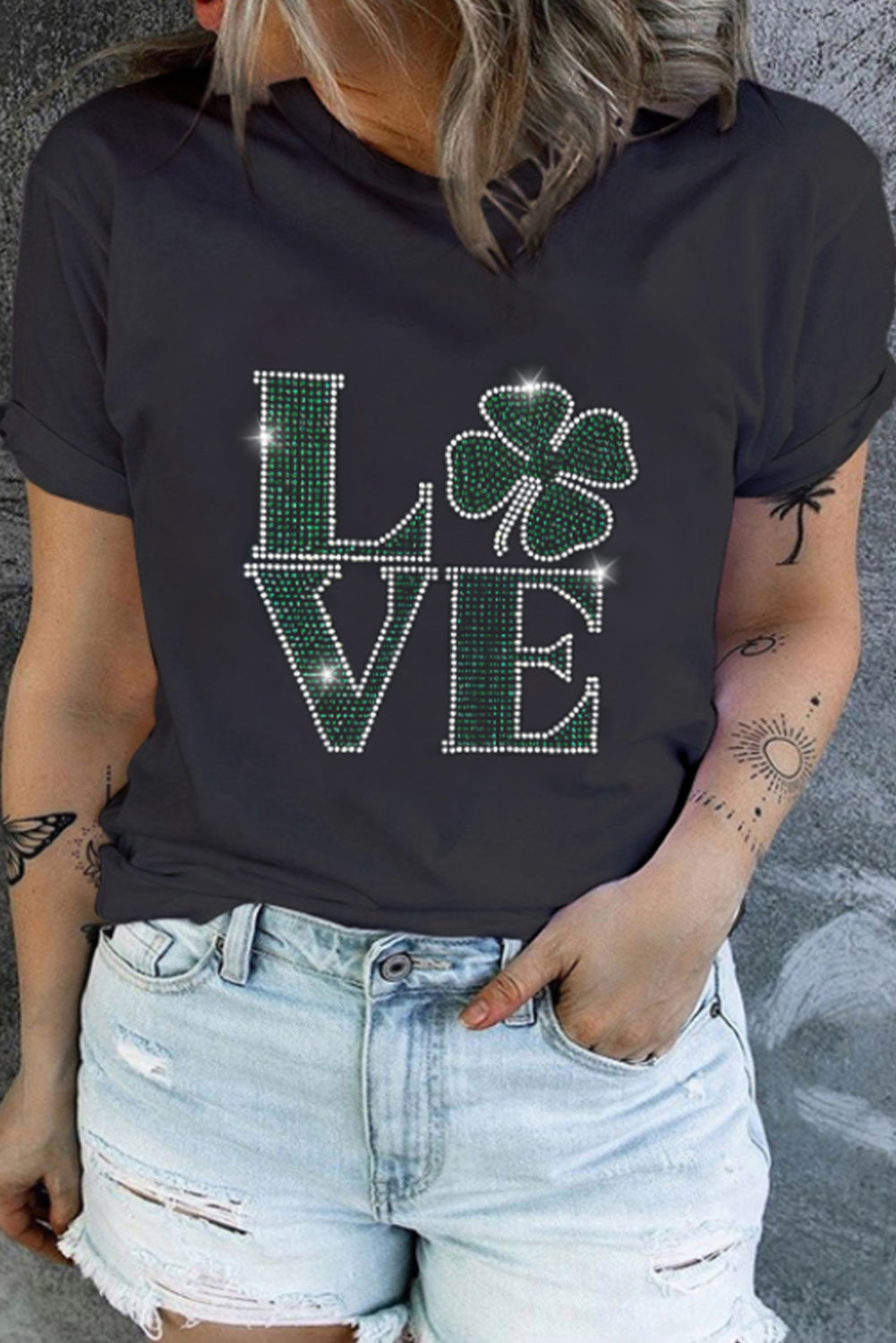 Black Rhinestone LOVE Four Leaf Clover Graphic Plus Size T Shirt