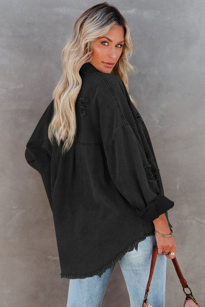 Black Distressed Fringe Trim Denim Jacket