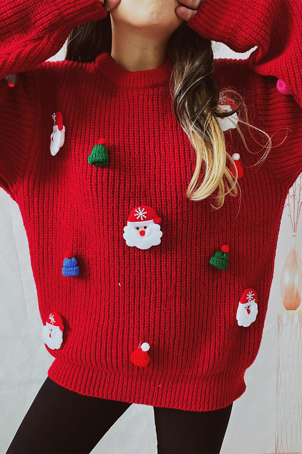 Racing Red Christmas Pattern Patched Rib Knit Knitted Sweater