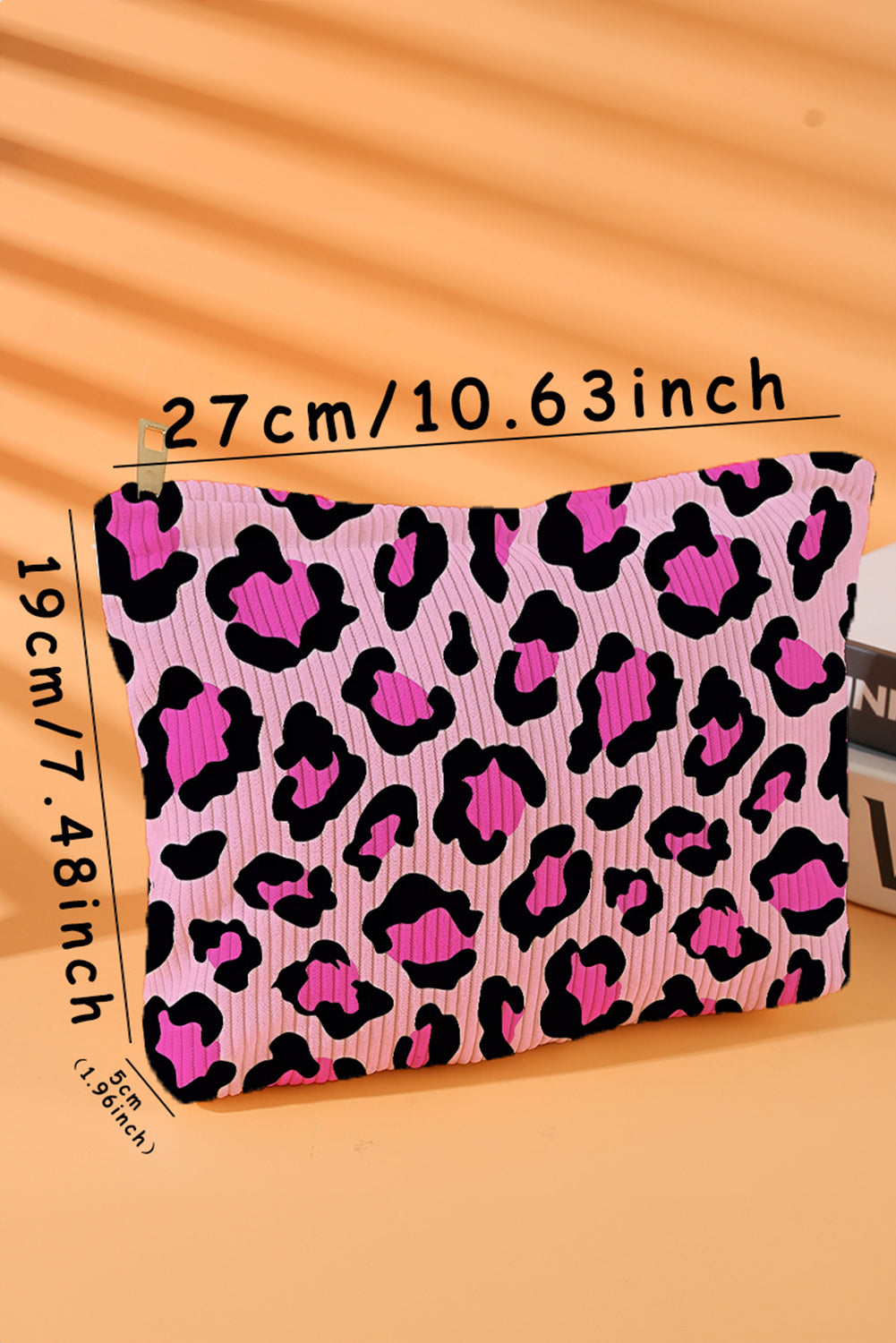 Bright Pink Leopard Print Corduroy Zipped Makeup Storage Bag