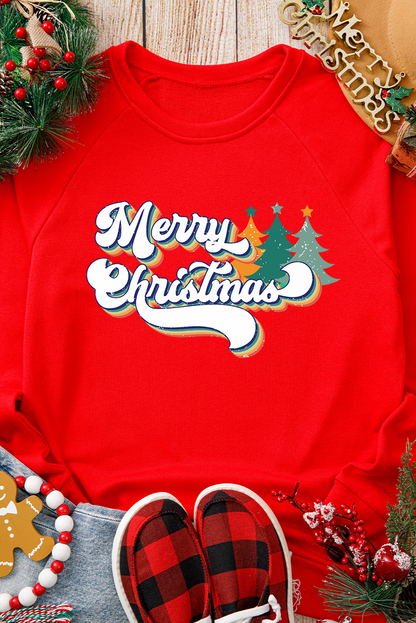 Red Merry Christmas Graphic Crew Neck Pullover Sweatshirt