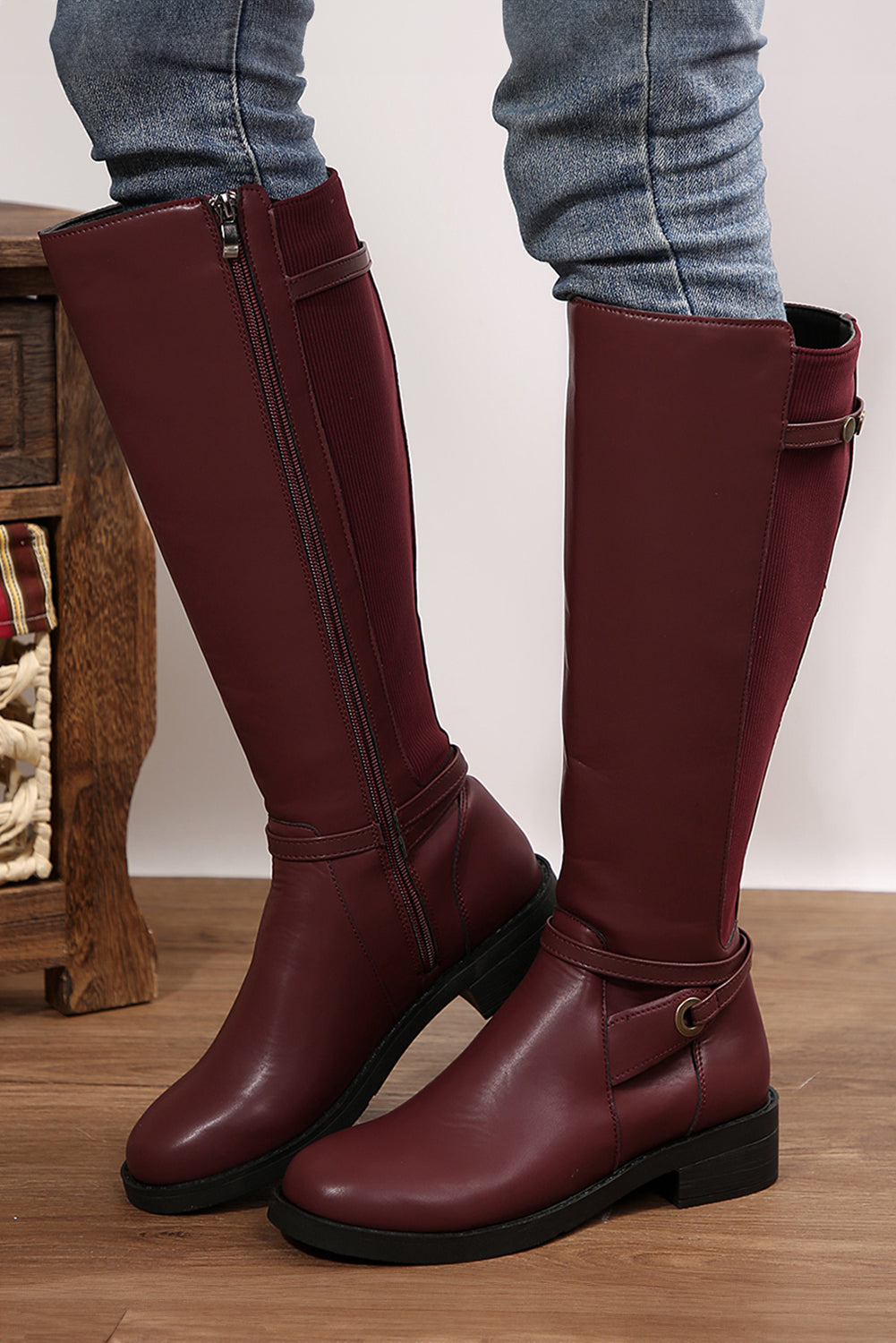 Burgundy Side Zipper Knee High Chunky Low Heel Boots