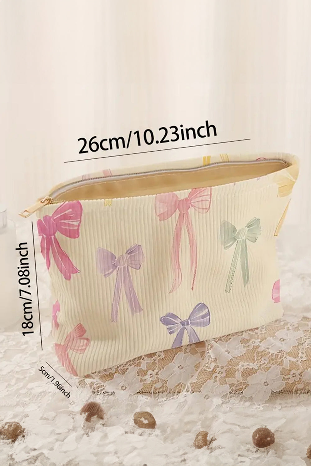 Beige Bow Knot Print Zipper Corduroy Large Cosmetic Bag