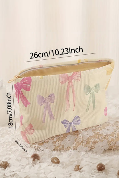 Beige Bow Knot Print Zipper Corduroy Large Cosmetic Bag