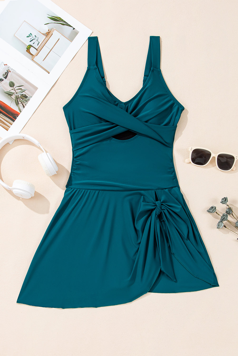 Sea Green Adjustable Straps Cutout Ruched Knot Slit One Piece Swim Dress