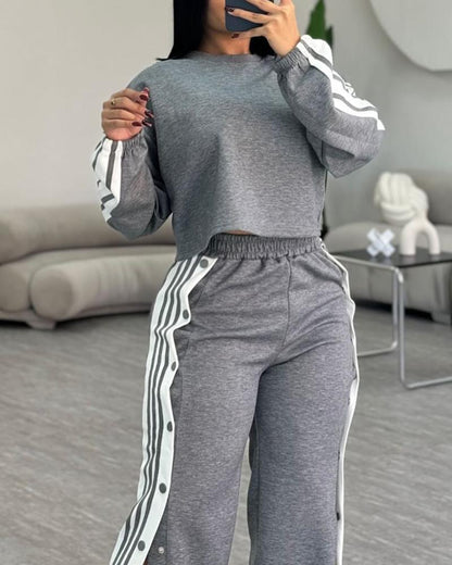 2 Piece Stripe Print Round Neck Long Sleeve Top Side Button Slit High Waist Wide Leg Sporty Pants Set