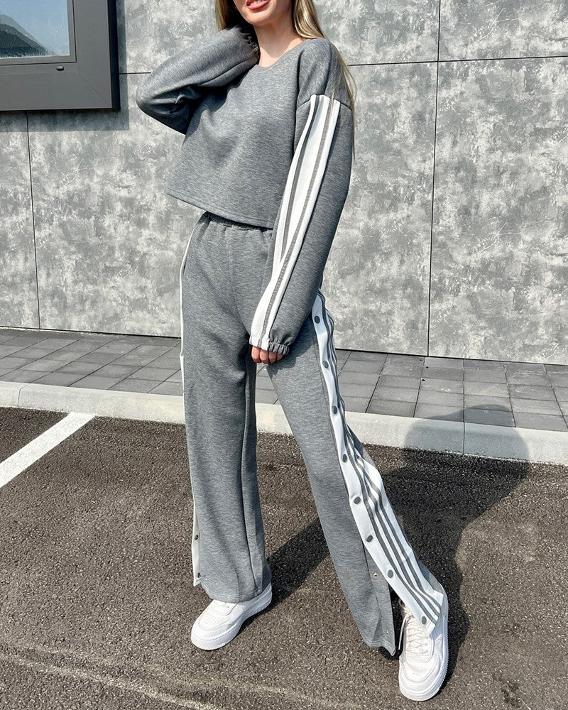 2 Piece Stripe Print Round Neck Long Sleeve Top Side Button Slit High Waist Wide Leg Sporty Pants Set