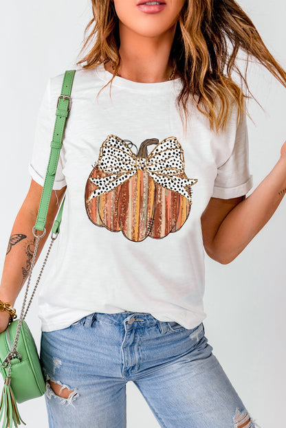 White Thanksgiving Bow Knot Pumpkin Print Round Neck T Shirt