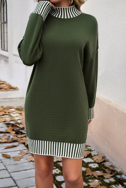 Vineyard Green Striped Trim Mock Neck Dropped Long Sleeve Sweater Mini Dress