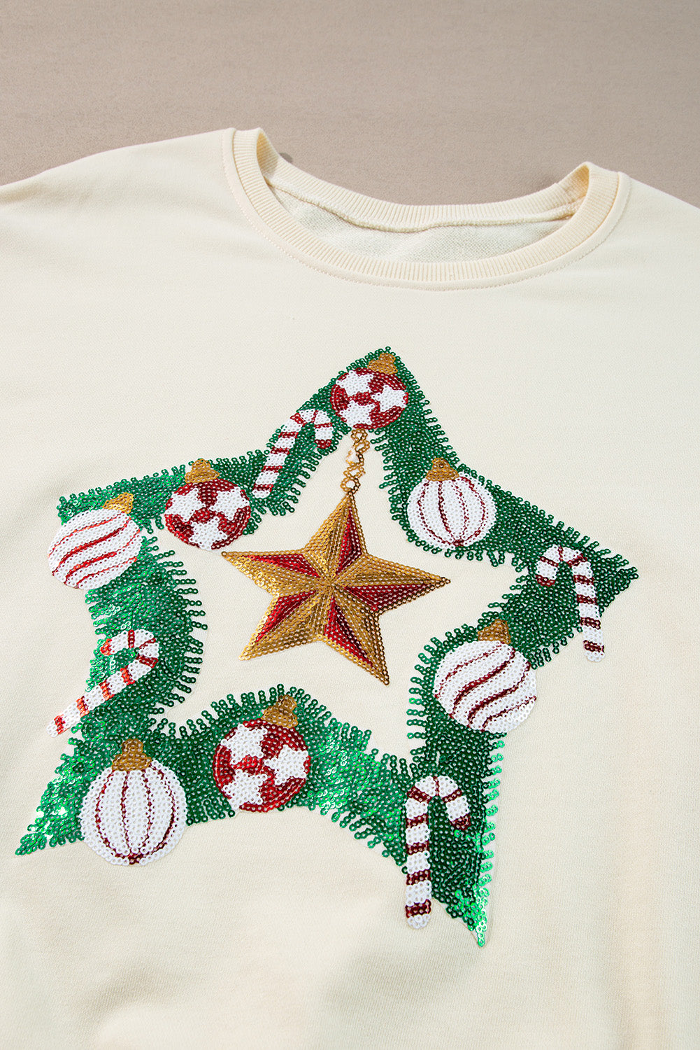 Apricot Christmas Tinsel Star Side Slits Colorblock Sweatshirt