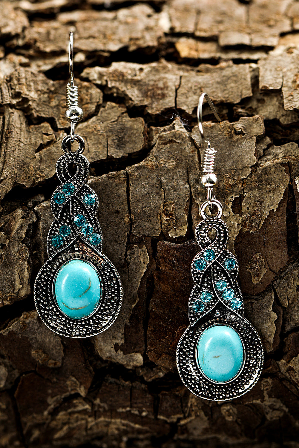 Silvery Western Turquoise Rhinestone Inlay Dangle Earrings