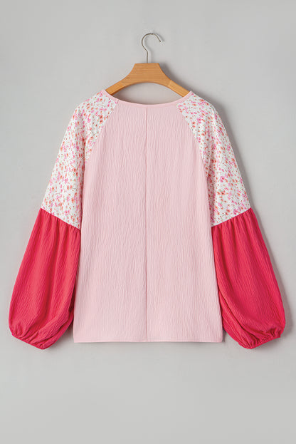 Pink Contrast Floral Patchwork Long Sleeve Plus Size Blouse