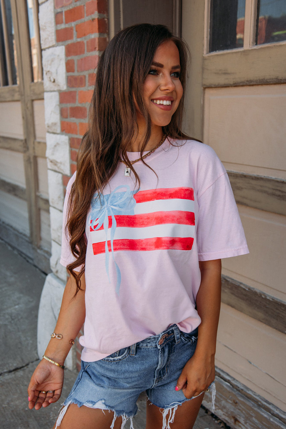 Light Pink Flag Bow Graphic Crewneck Tee