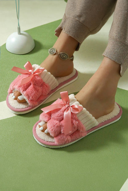 Peach Blossom Bow Knot Decor Open Toe Plush Slippers