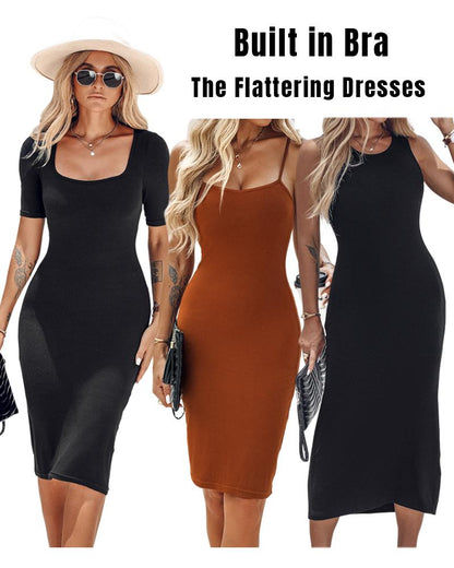 BUILT IN SHAPEWEAR Short Sleeve Square Neck Slim Fit Midi Dress