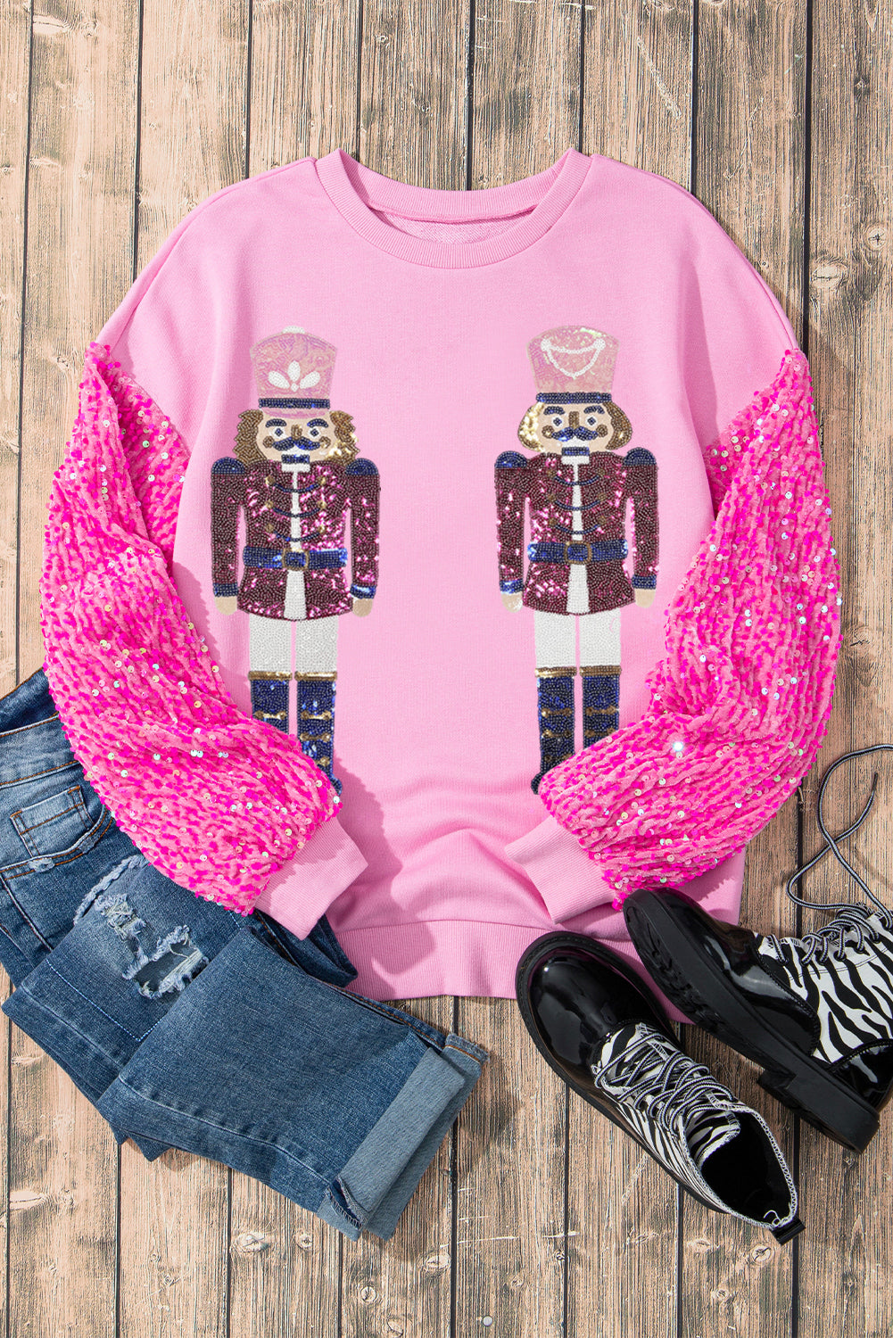 Pink Nutcracker Graphic Sequin Patchwork Long Sleeve Top