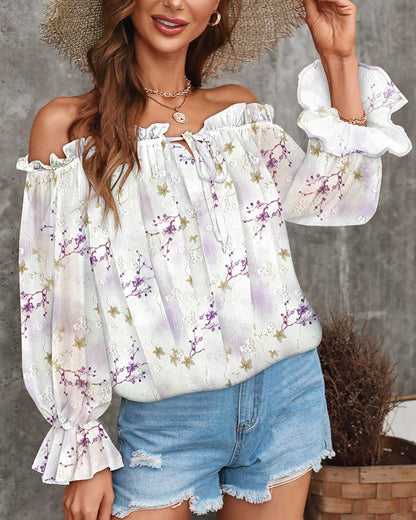 Floral Print Off Shoulder Lantern Sleeve Tied Detail Blouse Casual Top