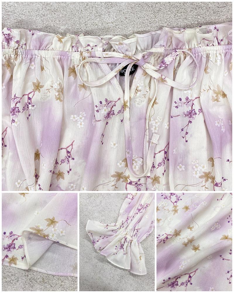 Floral Print Off Shoulder Lantern Sleeve Tied Detail Blouse Casual Top