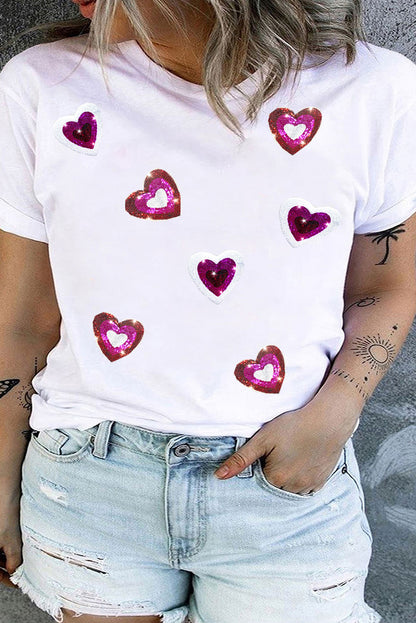 White Heart Patched Graphic Crewneck Plus Size Valentines T Shirt