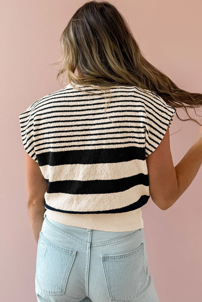 Black white Striped O Neck Sweater Vest