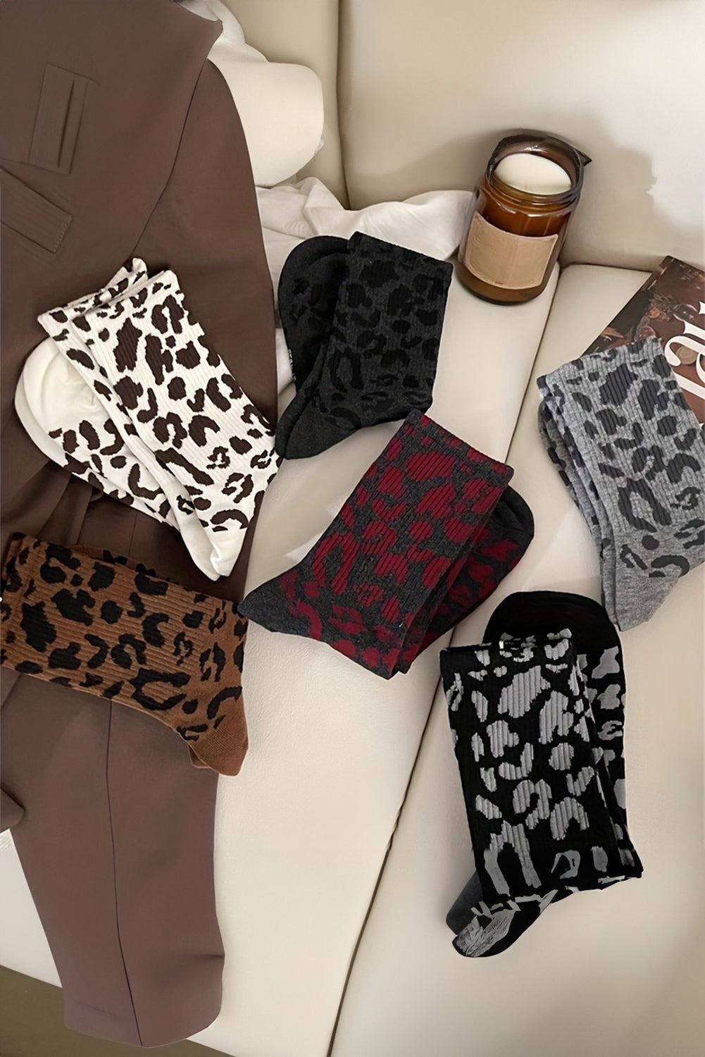 Chestnut Leopard Print Ribbed Crew Socks