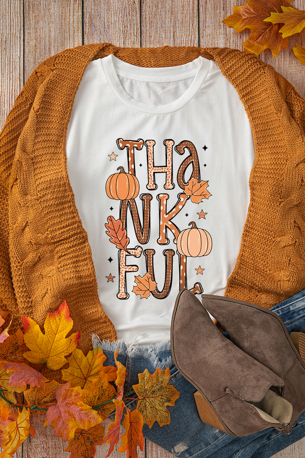 White THANKFUL Pumpkin Leaves Graphic Crewneck Thanksgiving T Shirt