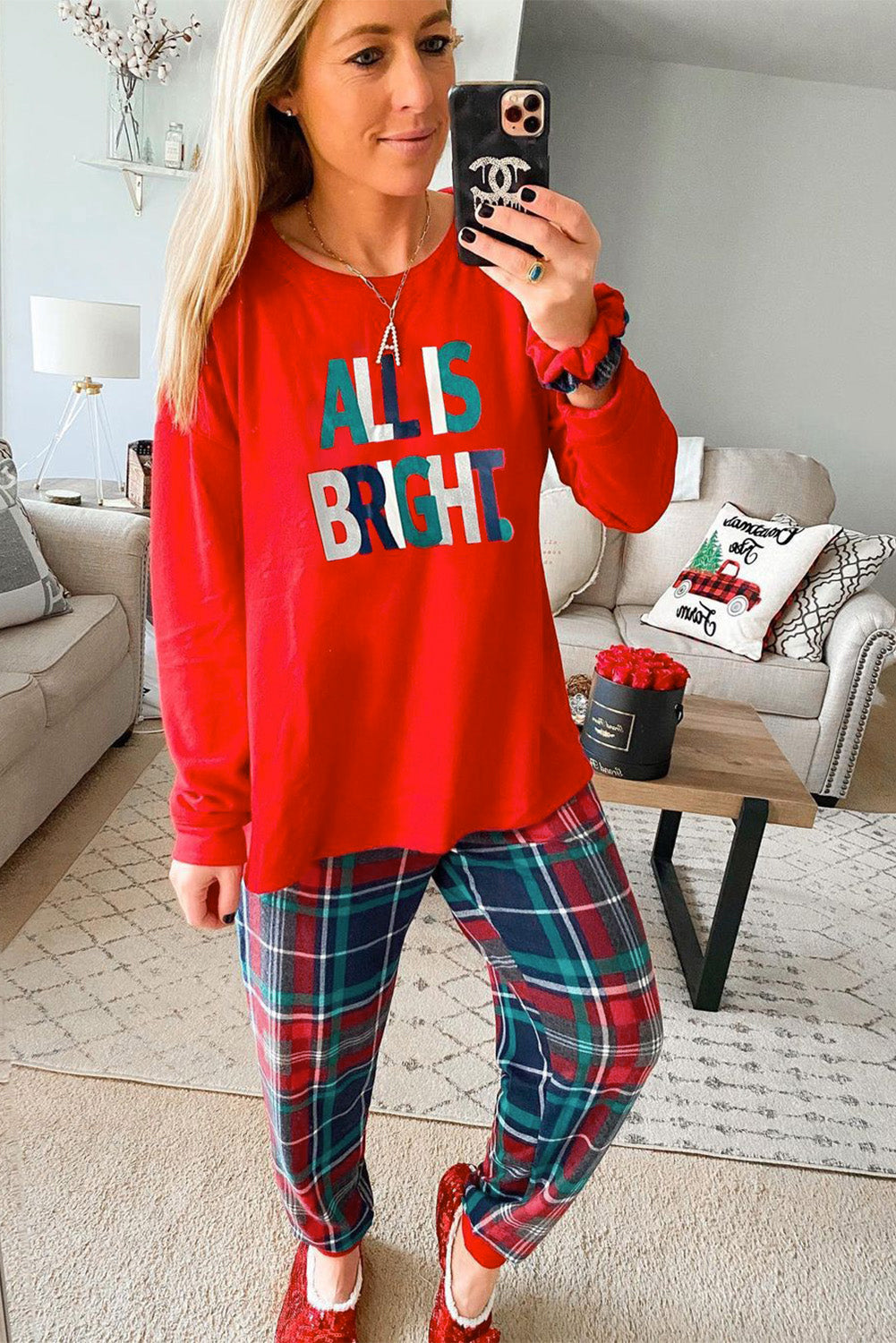 Multicolor ALL IS BRIGHT Graphic Christmas Plaid Pajamas Set