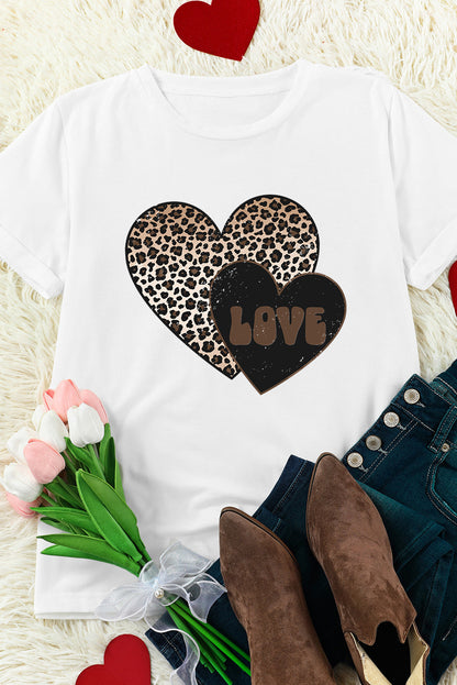 White Leopard LOVE Double Heart Printed Valentines Graphic Tee